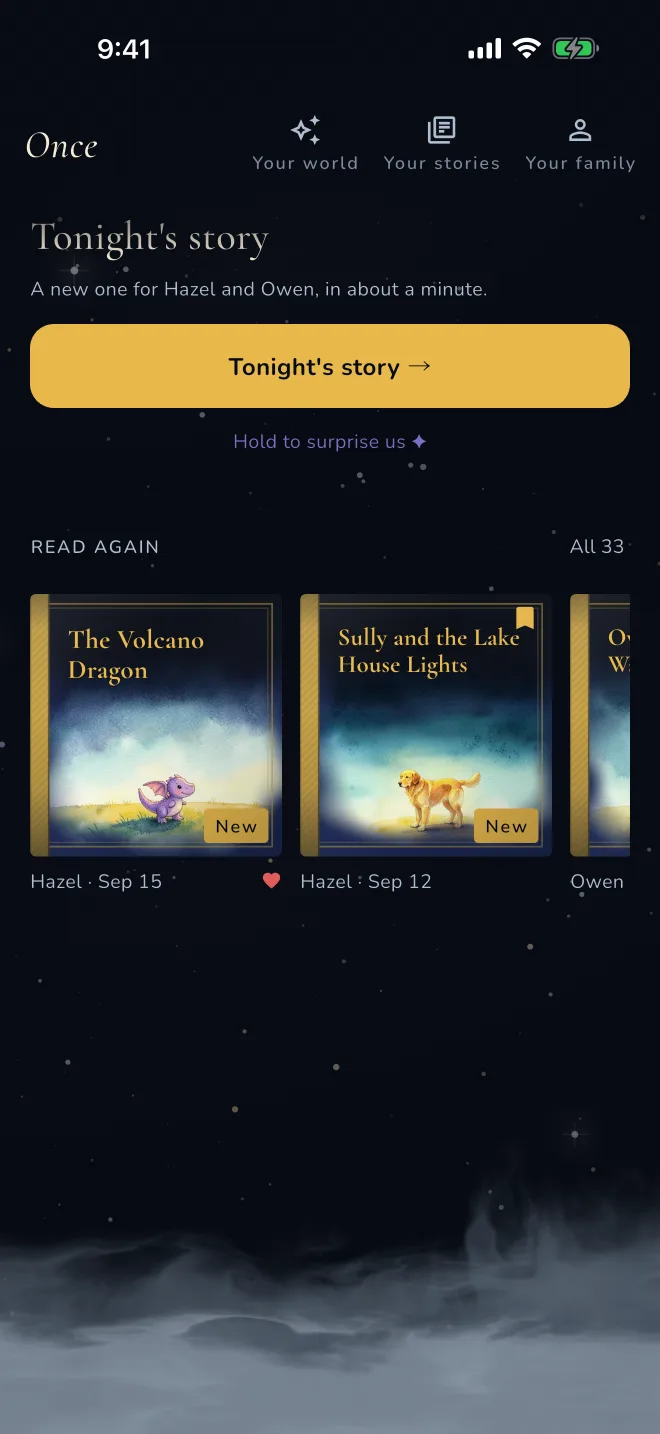The Once home screen, with tonight's story and the shelf of stories already read